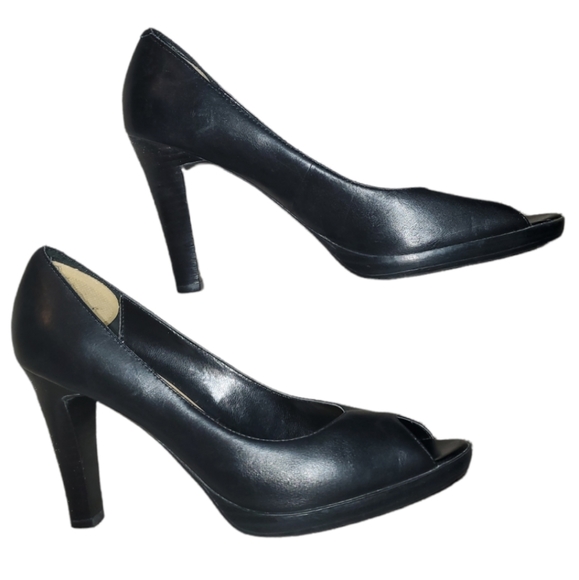 Black Leather Open Toe Heels - Picture 6 of 10